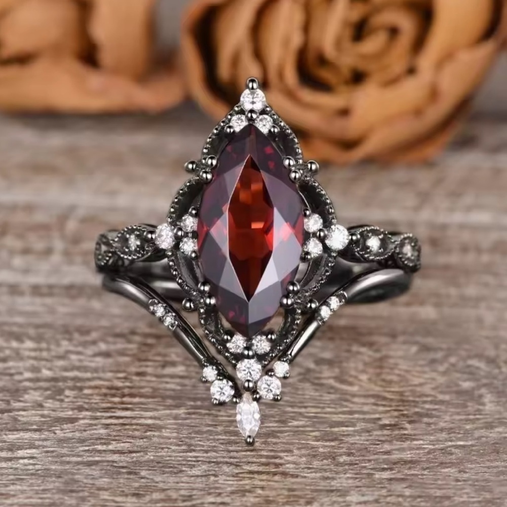 2x  gothic Black silver and Red Gemstone Ring